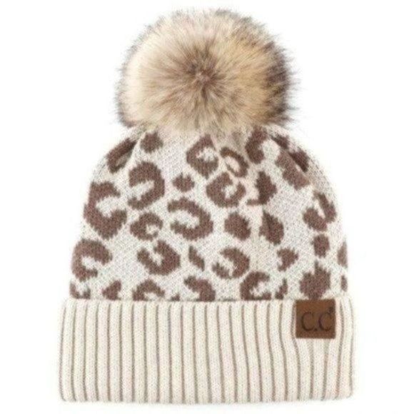 C.C Accessories - C.C Taupe Animal Print Beanie With Faux Fur Pom NWT